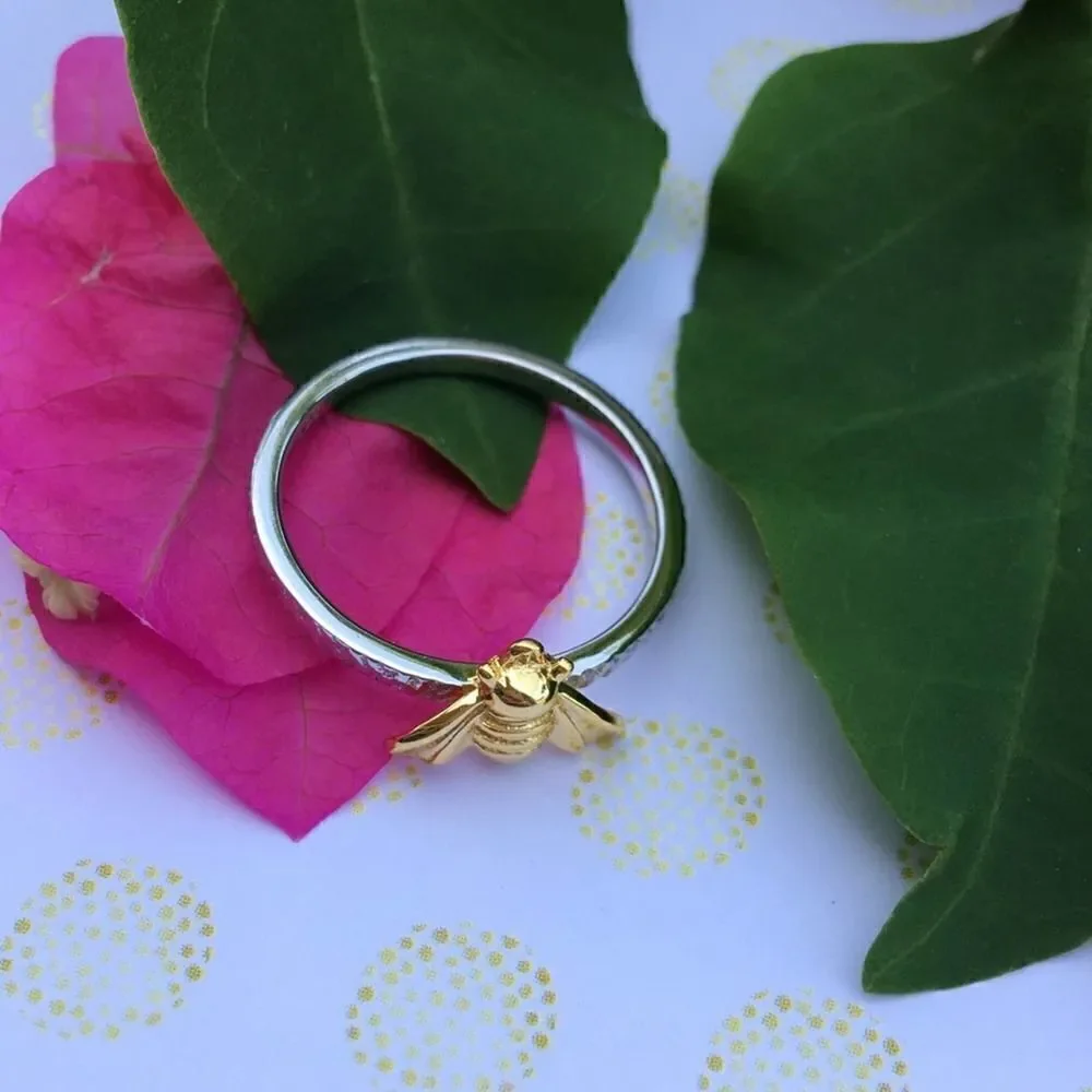 Bee two tone Solid Sterling Silver Yellow Gold Ring size 5,6,7,9